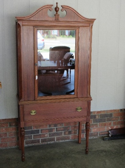 Depression Era Style Mahogany China Cabinet w/ Arched Pediment, Urn Finial