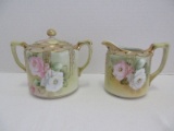 Nippon China Hand Painted Creamer & Covered Sugar Bowl Pink Rosette & Floral Pattern