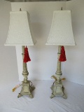 Pair - French Inspired Reed Column Candle Stick Banquet Lamps on Plinth Base