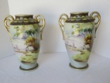 Exquisite Early Pair - Nippon Hand Painted Semi-Porcelain Double Concentric Gilded Handles