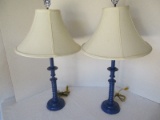 Pair - Painted Blue Spiral Design Candle Stick Boudoir Lamps