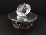 Signed Swarovski Crystal Figural Multi-Faceted Diamond w/ Brass Pierced Base Beveled Top