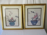 Pair - Oriental Planters w/ Flowering Plants & Perched Birds Print in Gilded Frames/Matt
