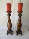 Pair - Tall Reed Design Column Pillar Candle Stands w/ Candles on Ornate Base