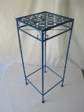 Painted Blue Metal Plant Stand w/ Diamond Grid Pierced Design