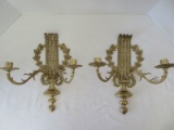 Elegant Pair - French Inspired Double Arm Wall Sconces Foliage & Drop Finial Design