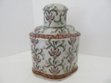 Porcelain Vessel w/ Lid Oriental Stem Flower & Foliage Design Craquelure Finish 9