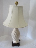 Semi-Porcelain Spiral Design Vase Form Table Lamp on Simulated Teak Wooden Base