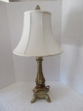 Resin Scrolled & Beaded Trim Table Lamp on Plinth Base Antiqued Patina