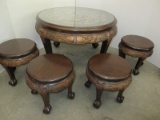 Asian Tea Table w/ 4 Stools Heavily Hand Carved Three Dimensional Top