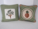 2 Needlepoint Embroidery Accent Pillows Pineapple & Palm Tree