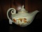 Vintage Hall Superior Kitchenware Tea Strainer/Pot Gilted Trim, Curled Handle, Fall Leaf Motif