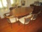 Wooden Dining Table Extendable w/ Leaf 2 Pedestal Legs, Brass Trim Feet w/ 6 Chairs