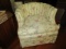 Pair - Upholstered Chairs w/ Floral Pattern, Curved Back, Wood Feet