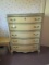 Standing Wooden Dresser 5 Drawers, Bow Front Ornate Brass Pulls Corn Yellow Gilted Trim