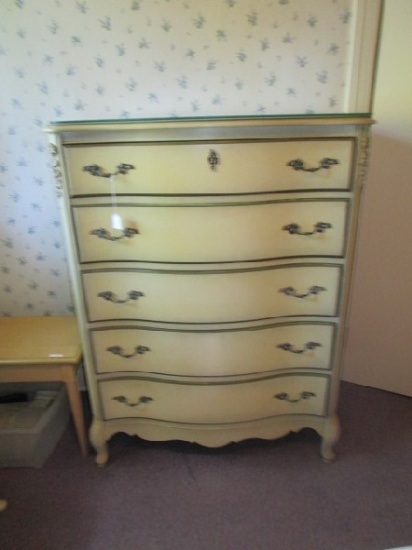 Standing Wooden Dresser 5 Drawers, Bow Front Ornate Brass Pulls Corn Yellow Gilted Trim