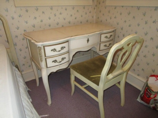 Standing Wooden Vanity 2 Drawers, Bow Front Ornate Brass Pulls Corn Yellow Gilted Trim