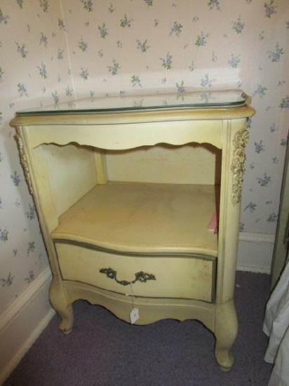 2-Tier Side Table Wooden Bow Front Ornate Brass Pulls Corn Yellow Gilted Trim