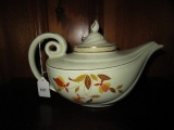 Vintage Hall Superior Kitchenware Tea Strainer/Pot Gilted Trim, Curled Handle, Fall Leaf Motif