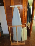 Vintage Blue Standing Ironing Board White Metal w/ Wood Clothing Rack