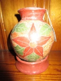 Ceramic Urn Jar w/ Narrow Neck, Floral Pattern Motif on Stand