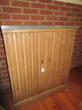 Wooden Side Cabinet 2 Doors Ribbed Front Design Metal Pulls, 3 Inlay Shelves