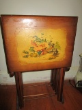 Vintage Wooden 4 Folding Table Trays w/ Stand Bird/Fruit Motif