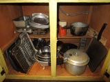 Cabinet Lot - Pots/Pans Various Sizes, Baking Trays, Etc.