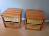 Pair - Pine Wood Cabinets w/ Double Basket Drawers