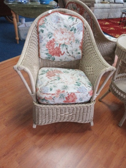 Vintage Wicker Rocker w/ Curved Arms Traditional Diamond Pattern Floral Upholstery