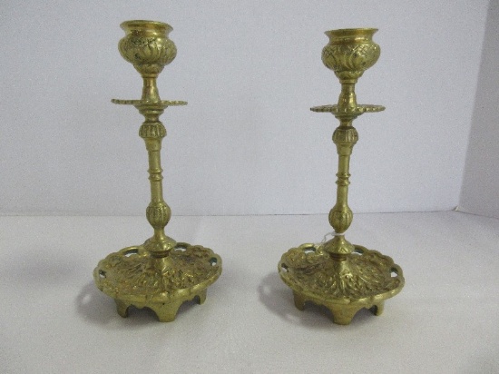 Pair - Brass French Inspired Ornate Foliate & Pierced Design Candlesticks on Footed Base