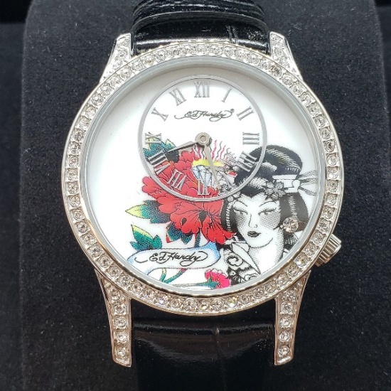Stainless Steel Cubic Zirconia Ed Hardy Leather Watch
