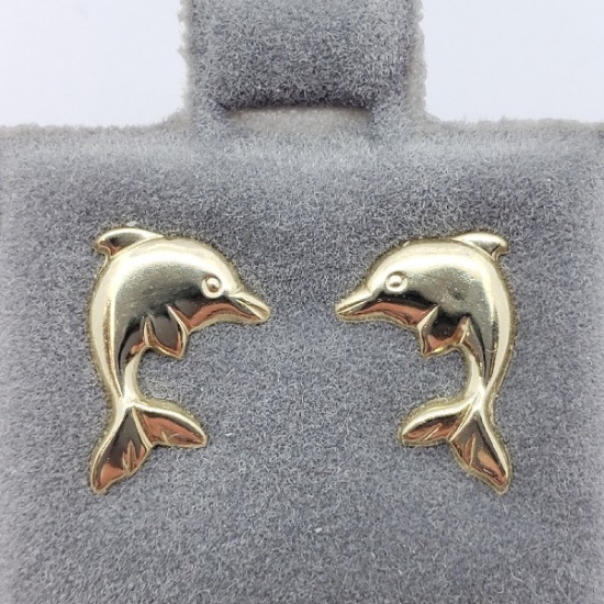 14K Yellow Gold Dolphin Left & Right Screwback 0.5g Earrings