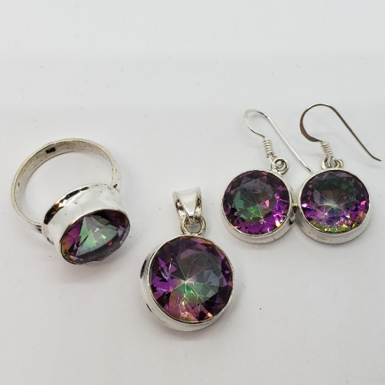 Silver Mystic Topaz Earring, Ring & Pendant Set