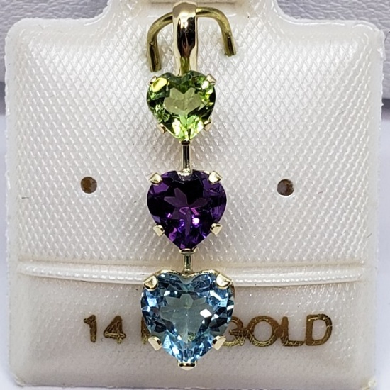 14K Yellow Gold Peridot, Amethyst, Blue Topaz 1.75ct. Pendant