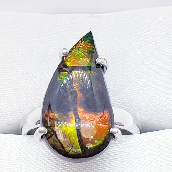 Silver Genuine Canadian Ammolite Teardrop Ring