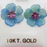 10K Yellow Gold Garnet 0.5ct. Chalcedony Flower Earrings