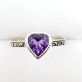 Silver Amethyst Marcasite Heart Design Ring