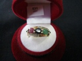 925 Stamped Gold Plated Ring w/ 3 Stone Inlay Ruby, Sapphire, Garnet