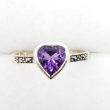 Sterling Silver Heart Design Amethyst Marcasite Ring