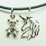 Sterling Silver 2 Pendants Unicorn/Bear w/ Cord Necklace