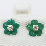 14K Yellow Gold Diamond Stud 0.18ct Carved Green Agate Jacket  Earrings Weight 7.2g