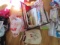 Sewing Accessories Lot - Spools, Sewing VHS, Cloths, Etc. w/ Wood Body Magazine Stand