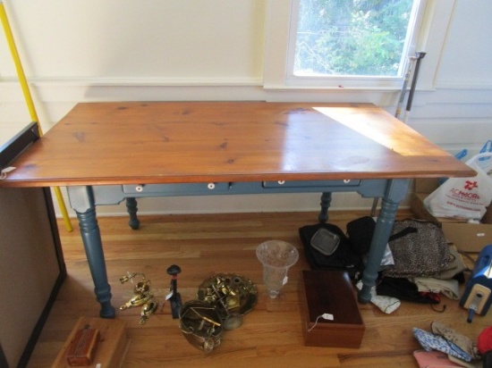 Wooden Standing Table Spindle-Design Legs 2 Dovetailed Drawers, White Pulls, Blue Legs