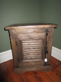 Dark Wooden Side Night Table, 1 Hutch Door, 2 Inlay Shelves, Black Ornate Iron Pull/Trim
