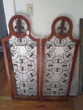 Pair - Wooden Frame Cast Iron Fleur-De-Lis Design Wall Mounted Décor, Round/Arched Top