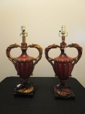 Pair - Urn Design Ornate Lamps, Acanthus Leaf Handles, Ribbed Design Body, Bead/Floral Trim