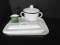 Lot - Enamelware Rectangle Tray, Covered Double Handled Cup, Dipper w/ Spout