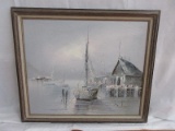 Shrimp Boats Dock Scene Original Oil on Canvas Artist Signed in Rustic Frame