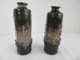 Pair - Art Pottery Cylinder Vases Mottled Drip Glaze Raised Textured Finish